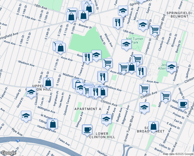 map of restaurants, bars, coffee shops, grocery stores, and more near 83 Chadwick Avenue in Newark