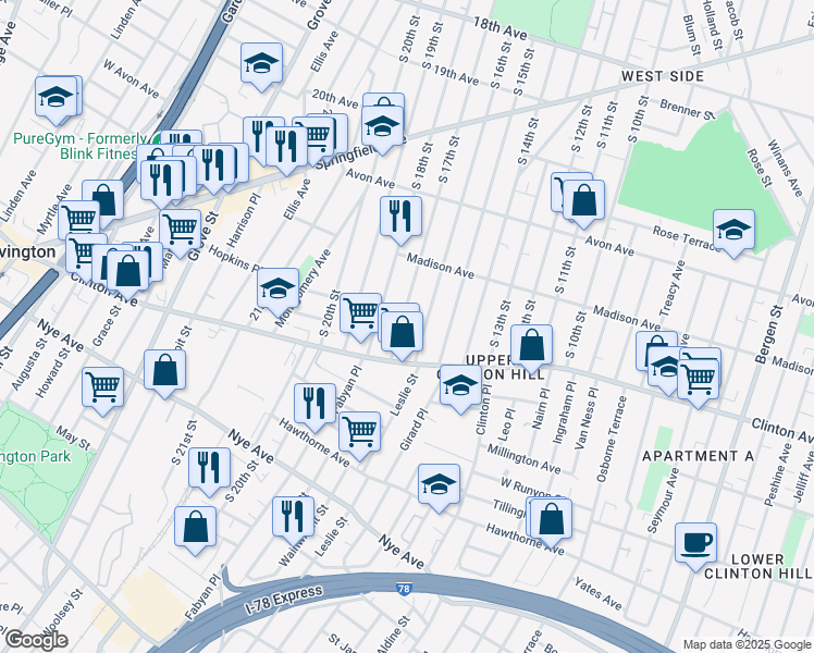 map of restaurants, bars, coffee shops, grocery stores, and more near 797-805 Clinton Avenue in Newark