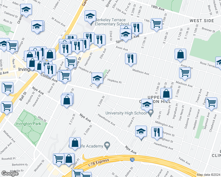 map of restaurants, bars, coffee shops, grocery stores, and more near in Newark