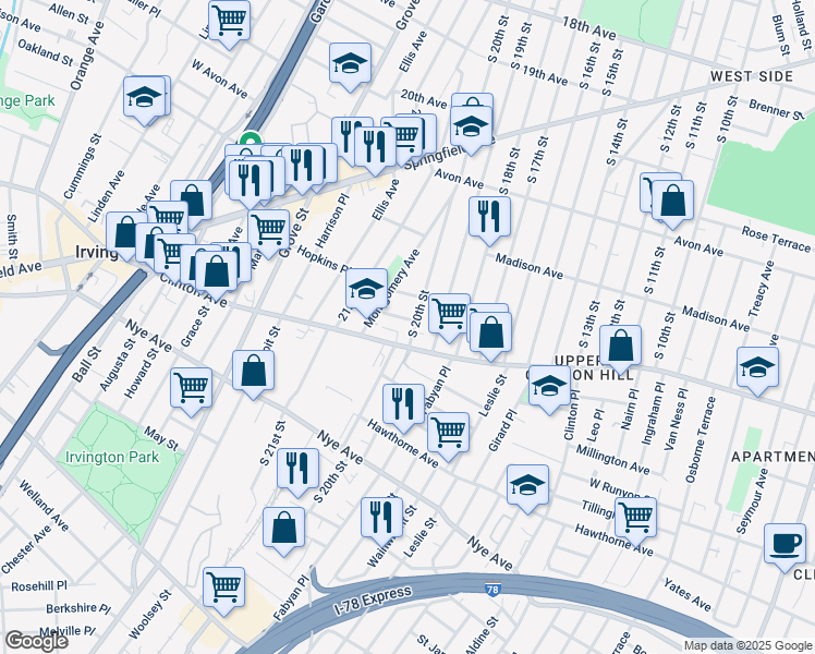 map of restaurants, bars, coffee shops, grocery stores, and more near in Newark