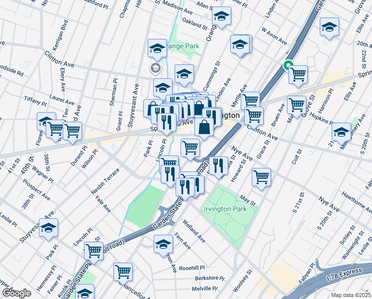 map of restaurants, bars, coffee shops, grocery stores, and more near 96 Union Avenue in Irvington