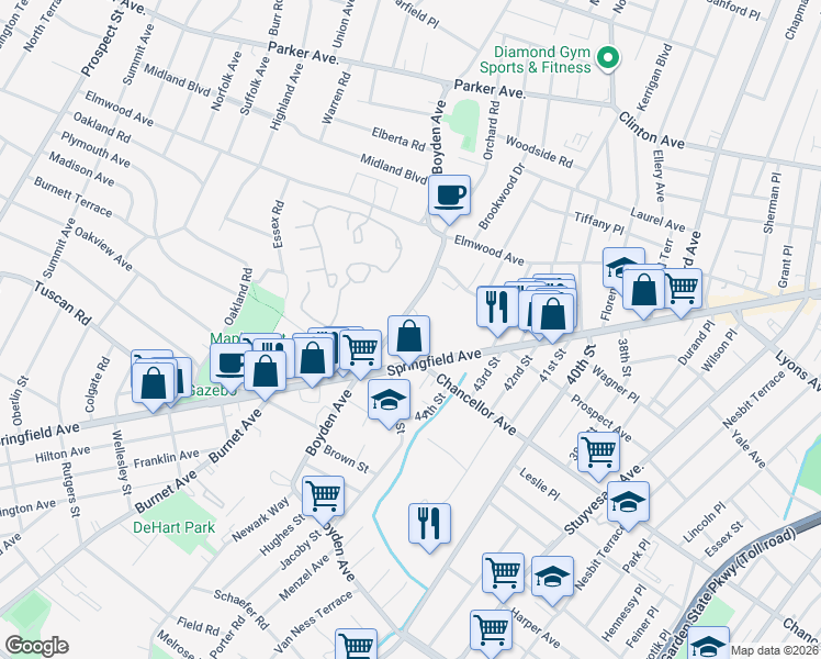 map of restaurants, bars, coffee shops, grocery stores, and more near 186-238 Boyden Avenue in Maplewood