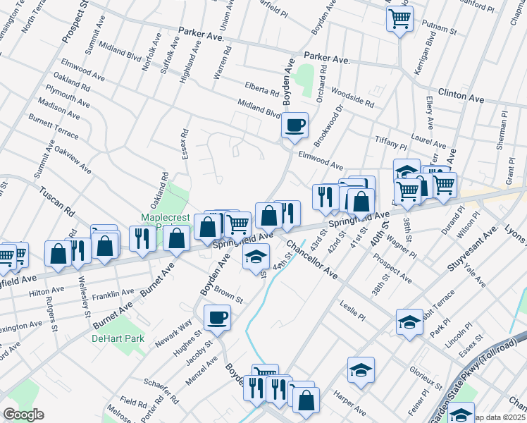 map of restaurants, bars, coffee shops, grocery stores, and more near 186-238 Boyden Avenue in Maplewood
