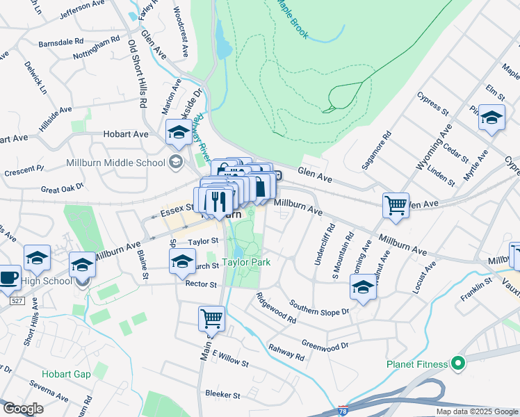 map of restaurants, bars, coffee shops, grocery stores, and more near 318 Millburn Avenue in Essex County