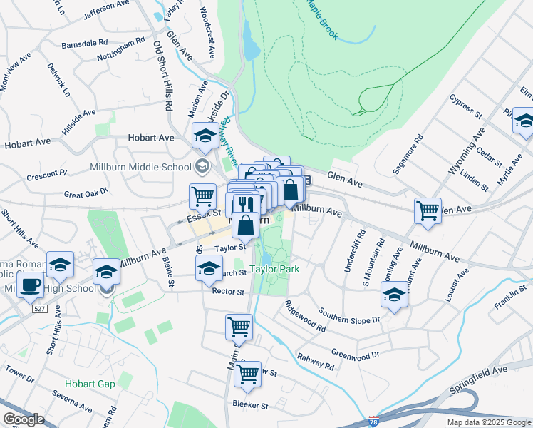 map of restaurants, bars, coffee shops, grocery stores, and more near 318 Millburn Avenue in Essex County