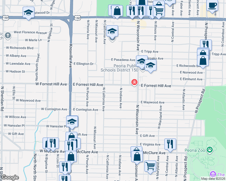 map of restaurants, bars, coffee shops, grocery stores, and more near 520 East Melbourne Avenue in Peoria