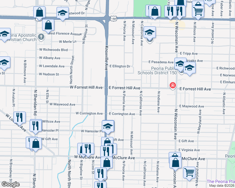 map of restaurants, bars, coffee shops, grocery stores, and more near 200-204 East Melbourne Avenue in Peoria