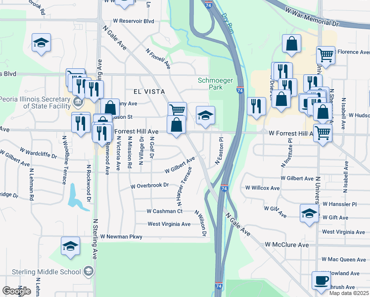map of restaurants, bars, coffee shops, grocery stores, and more near 2012 West Hamilton Place in Peoria