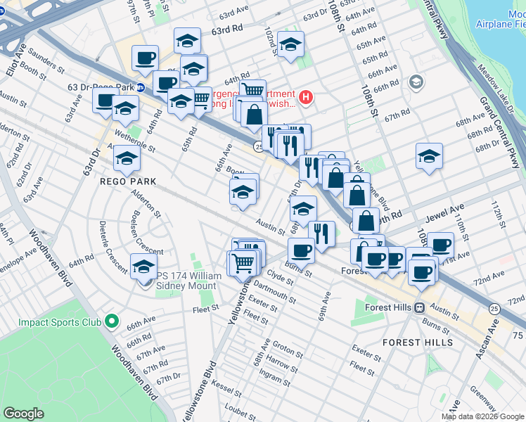 map of restaurants, bars, coffee shops, grocery stores, and more near in Queens