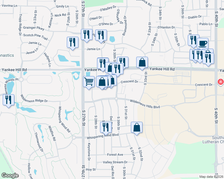 map of restaurants, bars, coffee shops, grocery stores, and more near 2901 Crescent Drive in Lincoln