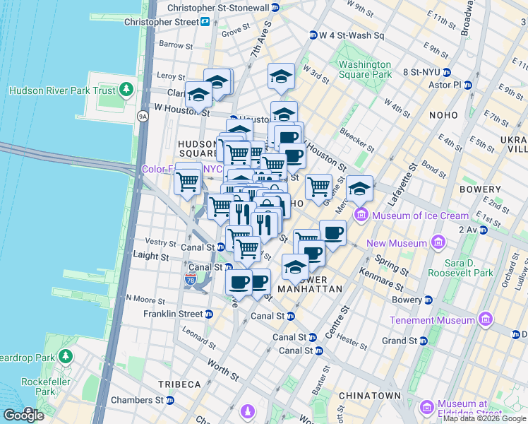map of restaurants, bars, coffee shops, grocery stores, and more near 140 6th Avenue in New York