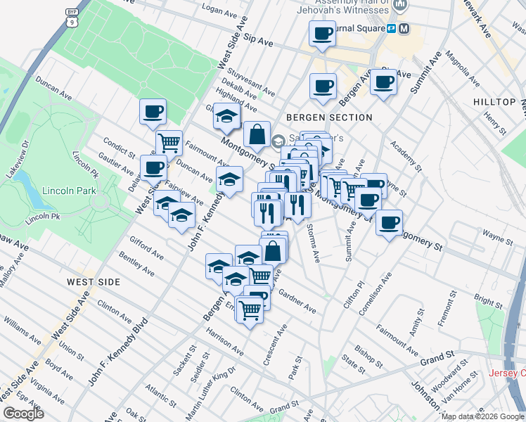 map of restaurants, bars, coffee shops, grocery stores, and more near 74 Fairview Avenue in Jersey City
