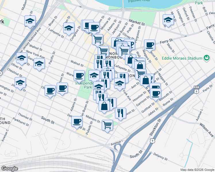 map of restaurants, bars, coffee shops, grocery stores, and more near 205 Warwick Street in Newark