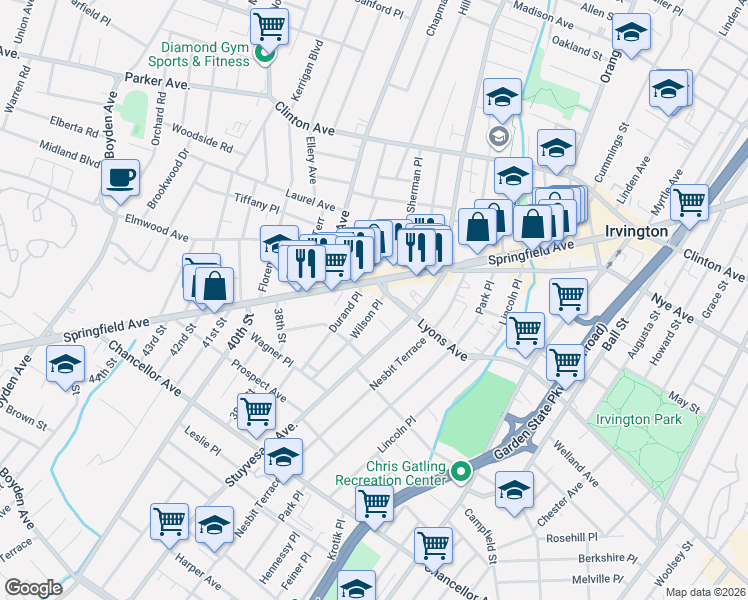 map of restaurants, bars, coffee shops, grocery stores, and more near 699 Stuyvesant Avenue in Irvington