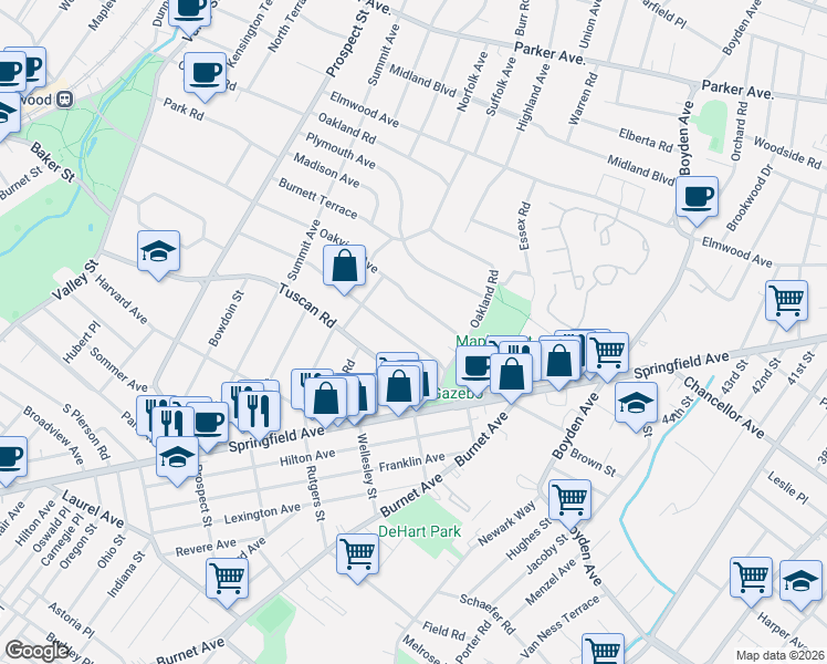 map of restaurants, bars, coffee shops, grocery stores, and more near 82 Courter Avenue in Maplewood