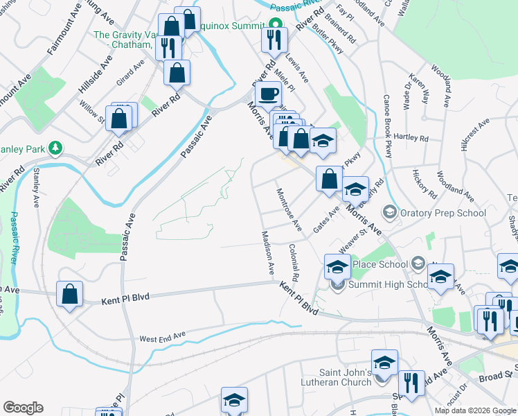 map of restaurants, bars, coffee shops, grocery stores, and more near 40 Madison Avenue in Summit