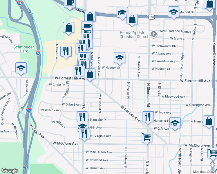 map of restaurants, bars, coffee shops, grocery stores, and more near 2906 North 12 Oaks Drive in Peoria