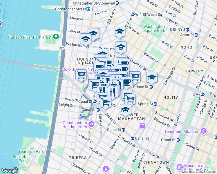map of restaurants, bars, coffee shops, grocery stores, and more near 140 6th Avenue in New York