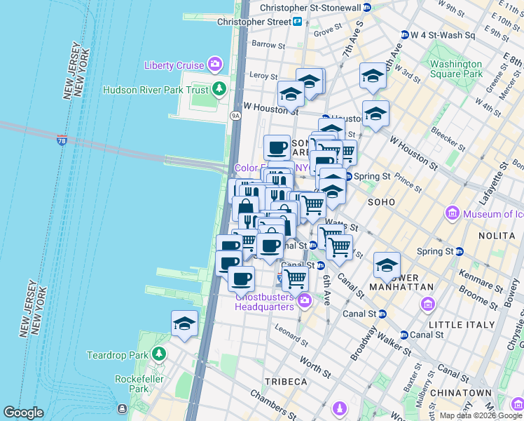map of restaurants, bars, coffee shops, grocery stores, and more near 475 Greenwich Street in New York