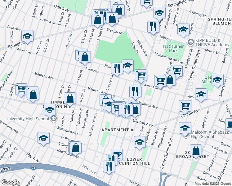 map of restaurants, bars, coffee shops, grocery stores, and more near 59 Seymour Avenue in Newark