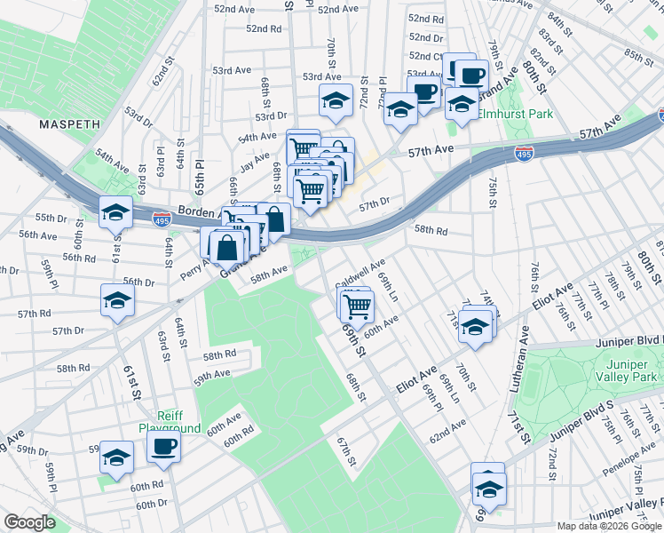 map of restaurants, bars, coffee shops, grocery stores, and more near 58-32 69th Street in Queens
