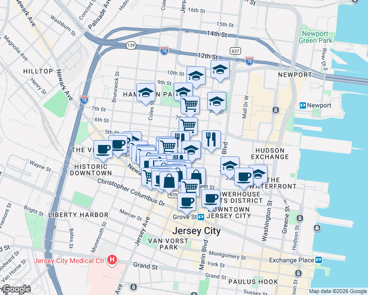 map of restaurants, bars, coffee shops, grocery stores, and more near 234 3rd Street in Jersey City