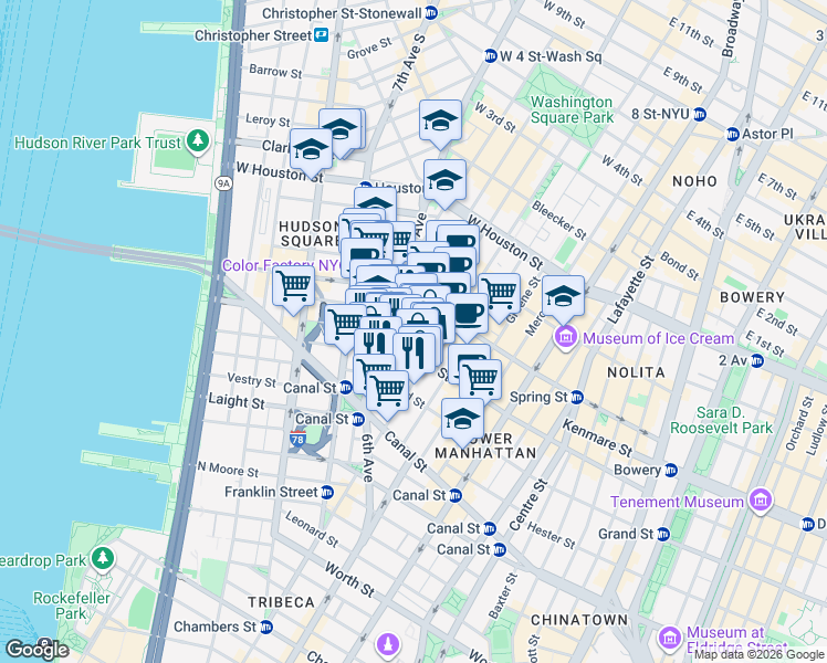 map of restaurants, bars, coffee shops, grocery stores, and more near in New York