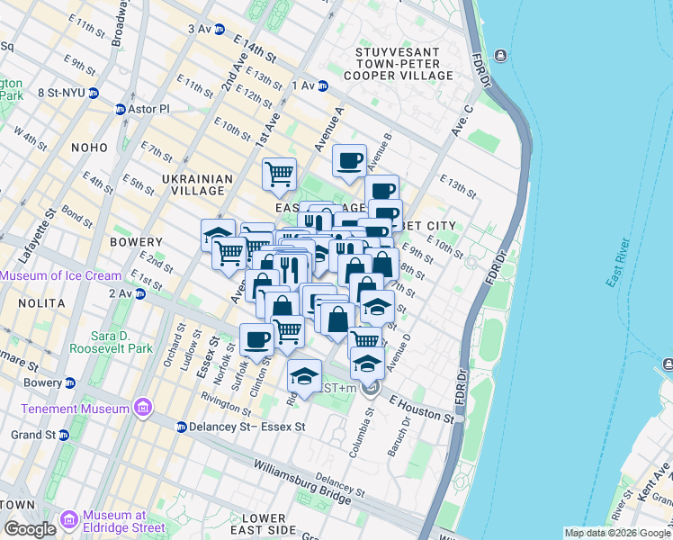 map of restaurants, bars, coffee shops, grocery stores, and more near in New York