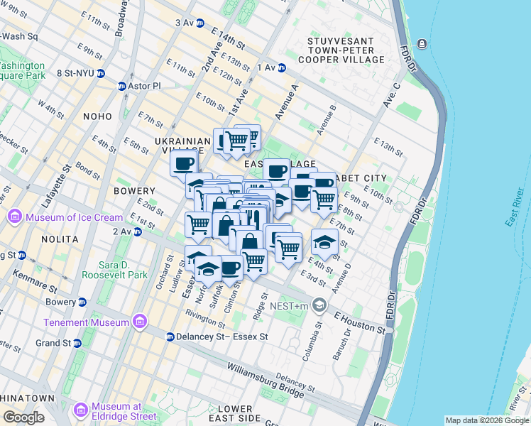 map of restaurants, bars, coffee shops, grocery stores, and more near 543 East 5th Street in New York
