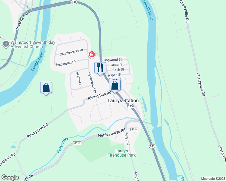 map of restaurants, bars, coffee shops, grocery stores, and more near 5462 Pennsylvania 145 in Laurys Station