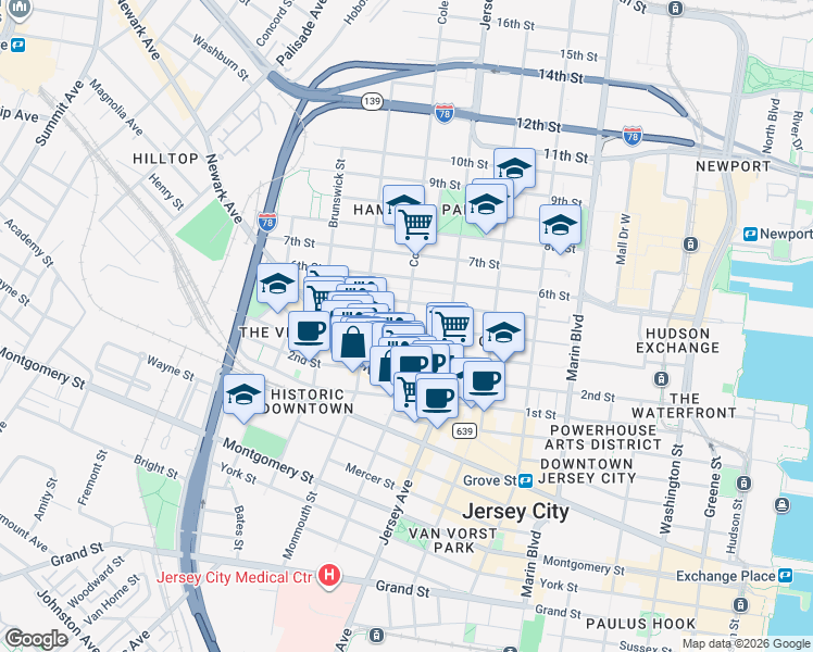 map of restaurants, bars, coffee shops, grocery stores, and more near Coles Street & 4th Street in Jersey City