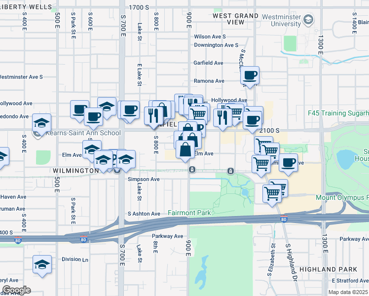 map of restaurants, bars, coffee shops, grocery stores, and more near 2178 900 East in Salt Lake City
