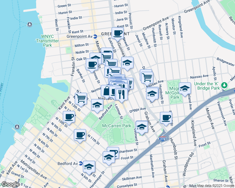 map of restaurants, bars, coffee shops, grocery stores, and more near 649 Manhattan Avenue in Brooklyn