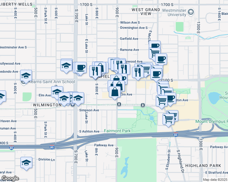 map of restaurants, bars, coffee shops, grocery stores, and more near 2148 South 900 East in Salt Lake City