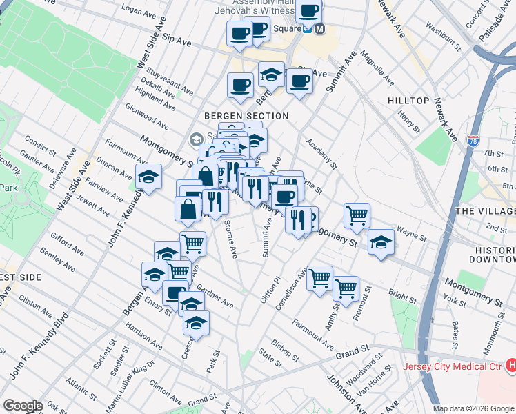 map of restaurants, bars, coffee shops, grocery stores, and more near 681 Montgomery Street in Jersey City
