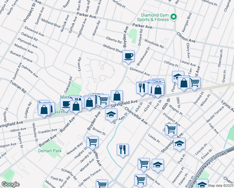 map of restaurants, bars, coffee shops, grocery stores, and more near 200 Boyden Avenue in Maplewood