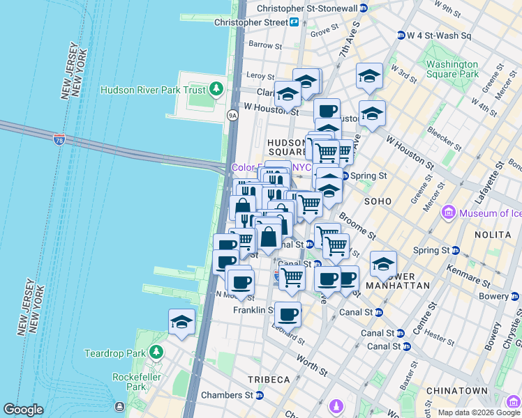 map of restaurants, bars, coffee shops, grocery stores, and more near 480 Canal Street in New York