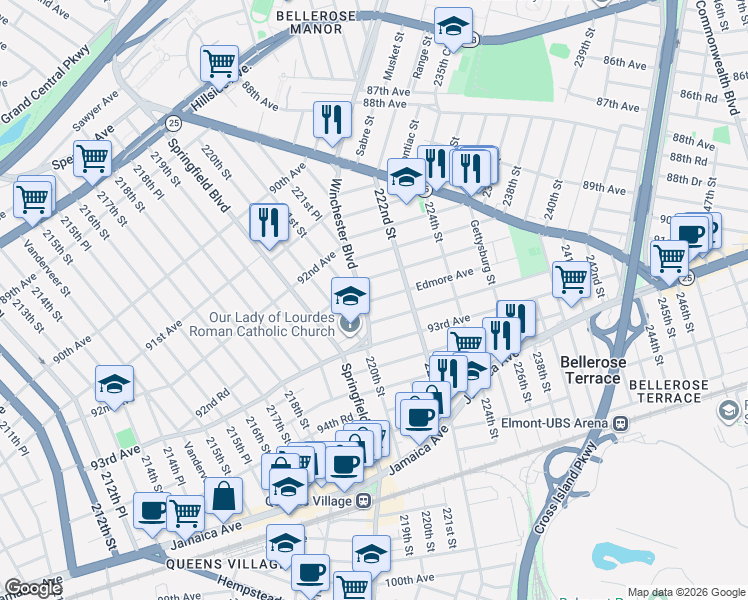 map of restaurants, bars, coffee shops, grocery stores, and more near 221-36 Davenport Avenue in Queens