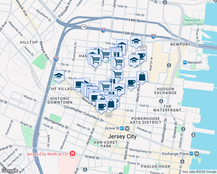 map of restaurants, bars, coffee shops, grocery stores, and more near 246 5th Street in Jersey City