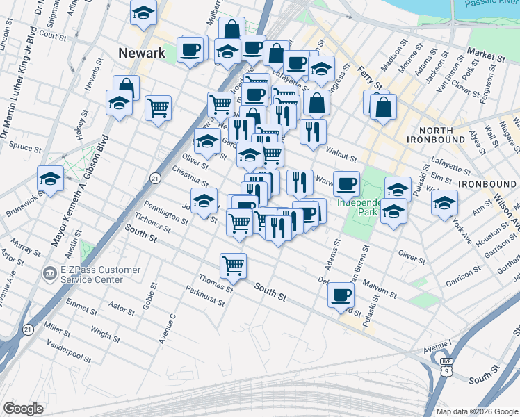 map of restaurants, bars, coffee shops, grocery stores, and more near in Newark