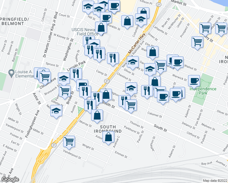 map of restaurants, bars, coffee shops, grocery stores, and more near 26/28 Johnson Street in Newark