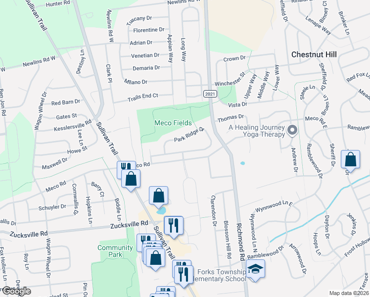 map of restaurants, bars, coffee shops, grocery stores, and more near 266 Park Ridge Drive in Easton