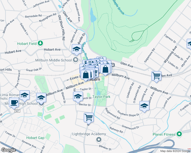 map of restaurants, bars, coffee shops, grocery stores, and more near 333 Millburn Avenue in Millburn