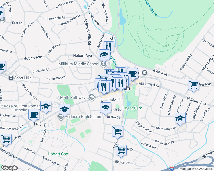 map of restaurants, bars, coffee shops, grocery stores, and more near 324 Essex Street in Millburn