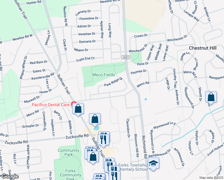 map of restaurants, bars, coffee shops, grocery stores, and more near 181 Park Ridge Drive in Easton