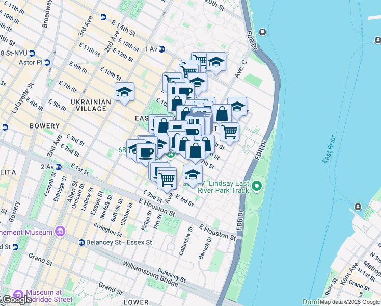 map of restaurants, bars, coffee shops, grocery stores, and more near 107 Avenue C in New York