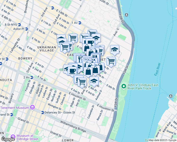 map of restaurants, bars, coffee shops, grocery stores, and more near 212 East 7th Street in New York
