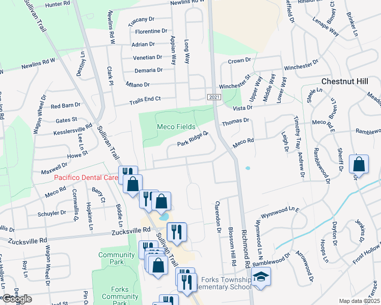 map of restaurants, bars, coffee shops, grocery stores, and more near 181 Park Ridge Drive in Easton