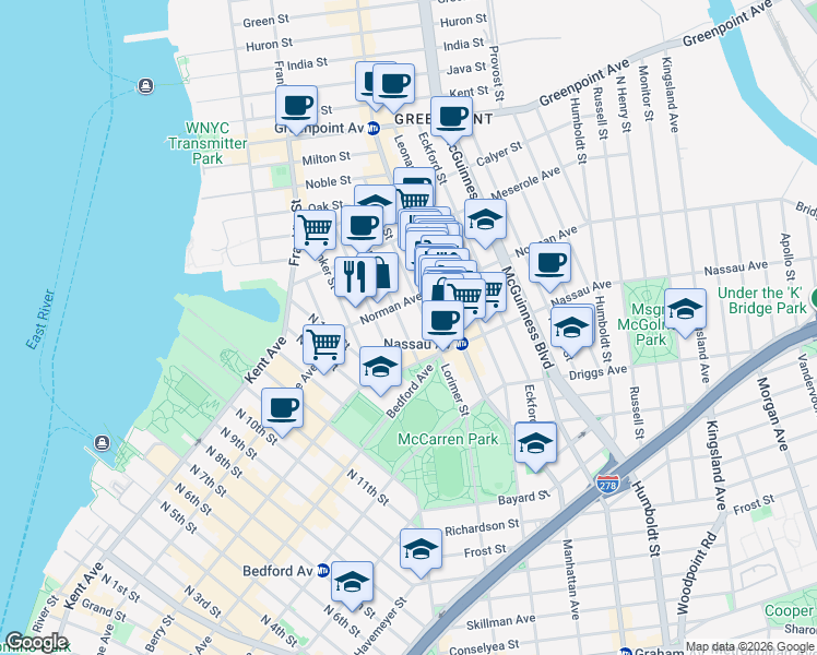 map of restaurants, bars, coffee shops, grocery stores, and more near 62 Norman Avenue in Brooklyn