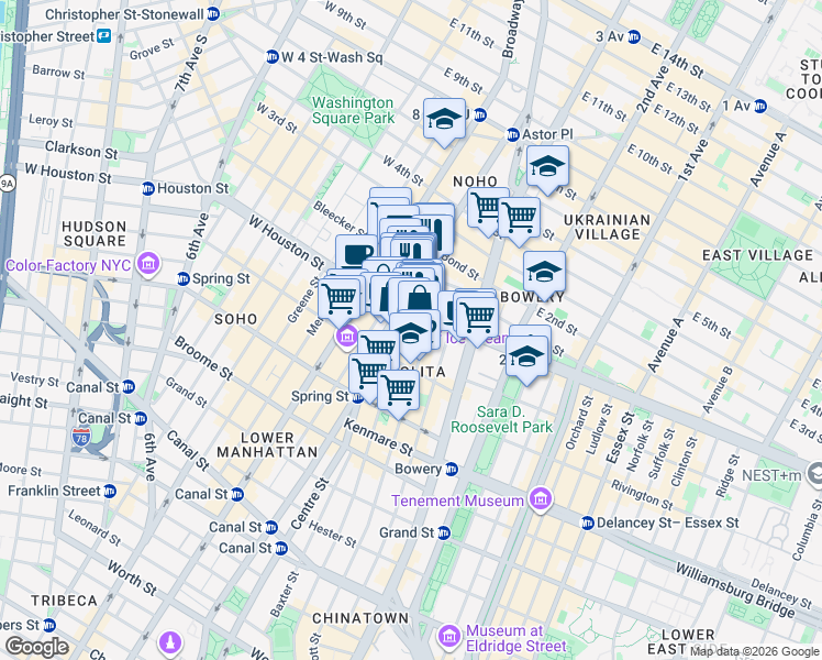 map of restaurants, bars, coffee shops, grocery stores, and more near 278 Mulberry Street in New York
